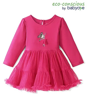 Babyoye Cotton Full Sleeves Party Wear Frock with Ballerina Embroidered - Pink