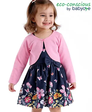Babyoye Knitted Full Sleeve Shrug & Frock With Floral Print - Navy Blue & Pink