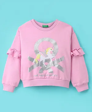 UCB Knit Full Sleeves Sweatshirt with Unicorn Design - Pink