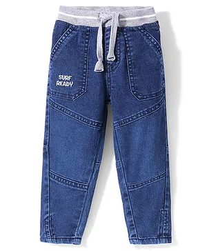 Babyhug Full Length Denim Joggers With Stretch Solid Colour - Blue
