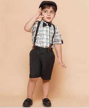 AJ Dezines  Cotton Blend Half Sleeves Elephant Printed  Shirt  With Solid Shorts & Suspender With Cap & Bow  - Black