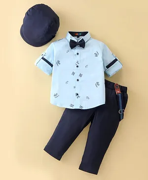 Robo Fry Cotton Lycra Full Sleeves Shirt and Trouser Set  with Suspender & Cap - Sea Green & Navy Blue