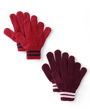 Pine Kids Knitted Stripes Design Gloves Set Pack of 2 - Red & Burgundy