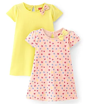 Babyhug 100% Cotton Knit Single Jersey Half Sleeves Frocks With Bow Applique & Heart Print Pack Of 2 - Yellow & Peach
