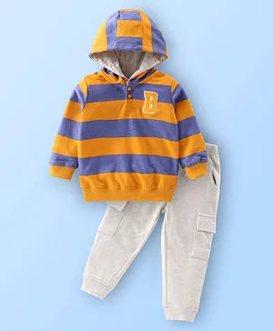 Babyhug Cotton Knit Full Sleeves Striped Hoodie & Lounge Pant Set - Blue Orange & White
