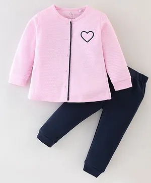 Baby Go Cotton Knit Full Sleeves T-Shirt & Lounge Pant Heart Embroidery - Pink