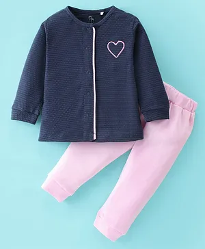 Baby Go Cotton Knit Full Sleeves T-Shirt & Lounge Pant Heart Embroidery - Navy Blue & Pink