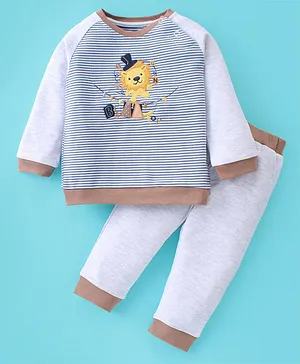 Baby Go Knitted Full Sleeves Night Suit With Lion Embroidery & Striped Print - Beige & White