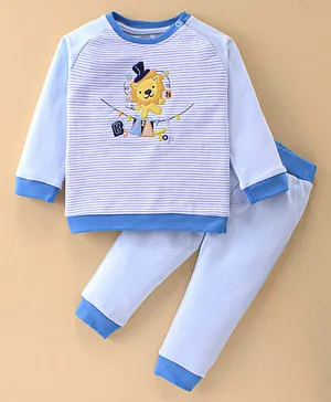 Baby Go Knitted Full Sleeves Night Suit With Lion Embroidery & Striped Print - Navy Blue & White