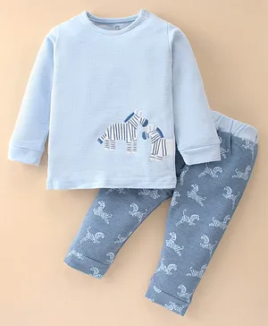 Baby Go Knitted Full Sleeves Night Suit With Zebra Embroidery - Blue