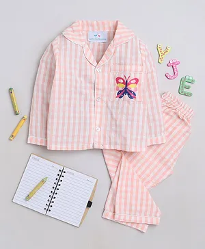 Knitting Doodles Premium Cotton Full Sleeves Gingham Checked & Placement Butterfly Embroidered Coordinating Night Suit - White & Pink