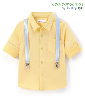 Babyoye 100% Cotton with Eco Jiva Finish Solid Dyed Full Sleeves Party Shirt with Suspenders - Yellow