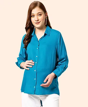 Zelena Full Sleeves Solid Maternity Top With Zip Less Nursing Access - Turquoise Blue