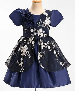 Mark & Mia Half Sleeves  Knee length Party Frock with Floral Applique & Floral Net Detailing - Blue