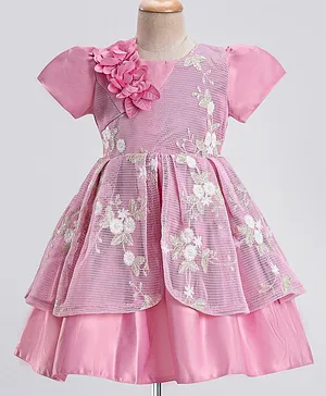 Mark & Mia Half Sleeves Floral Embroidered Party Frock with Corsage - Pink