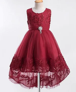 Mark & Mia Sleeveless High Low Frock With Frill Embroidery - Maroon