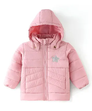 Babyhug Cotton Knit Full Sleeves Hooded Jacket With Star Patch - Pink