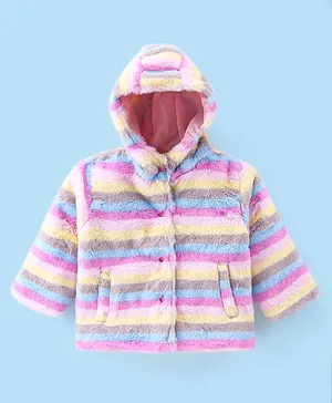 Babyhug Woven Full Sleeves Hooded Quilted Jacket Striped - Pink & Yellow