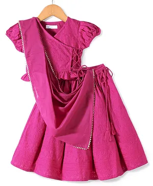 Babyoye Eco Conscious 100% Cotton Half Sleeve Floral Embroidered Choli Lahenga Set with Dupatta - Pink