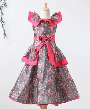 Enfance Cap Sleeves Seamless Vintage Style Floral Embroidered Peplum Designed  Gown - Grey