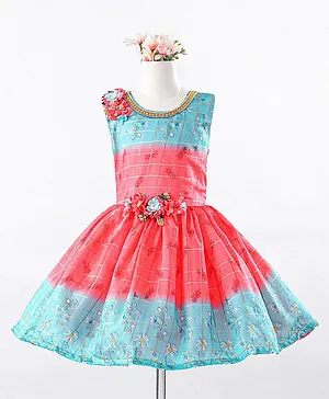 Enfance Sleeveless Lurex Checked & Flower Applique Detailed Flared Party Dress  - Ferozi Blue & Pink