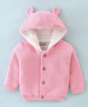 OLLYPOP Knitted Full Sleeves Hooded Sweater Solid Colour - Pink
