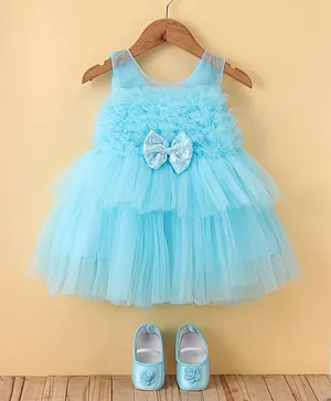 Bluebell Net DC Sleeveless Party Frock With Booties & Bow Applique Sequin Detailing - Blue