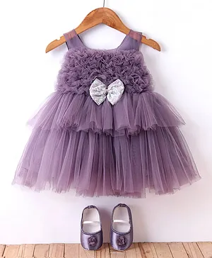 Bluebell Net DC Sleeveless Party Frock With Booties & Bow Applique Sequin Detailing -Purple