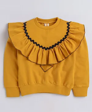Aww Hunnie Full Sleeves Frill  & Lace Detailed Autumn & Winter Wear Sweatshirt - Mustard Yellow
