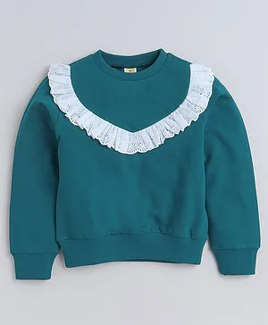 Aww Huunie  Full Sleeves Frill Neckline Lace Embellished Autumn & Winter Wear Sweatshirt - Green
