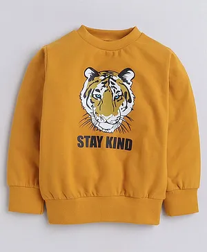 Aww Hunnie Full Sleeves Tiger & Stay Kind Text Printed Sweatshirt - Mustard Yellow