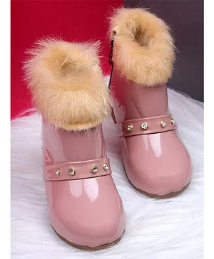 Tiny Bugs Stone Embellished Winter Wear Fur Boots - Peach