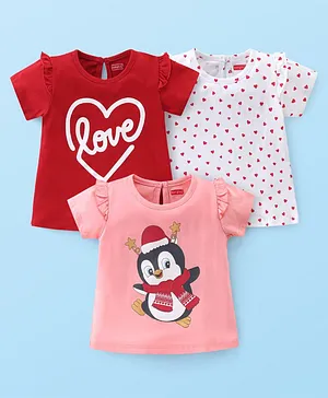 Babyhug 100% Cotton Half Sleeves T-Shirt with Penguin Graphics Pack Of 3 - Red Peach & White