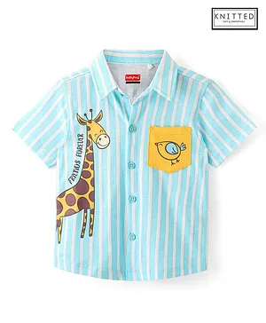 Babyhug Cotton Knit Half Sleeves Shirt Striped Giraffe &  Bird Print - Blue