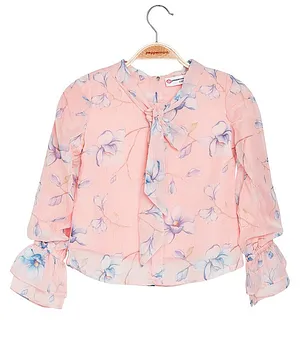 Peppermint Full Sleeves Frill Detailed Vintage Floral Printed Top - Peach