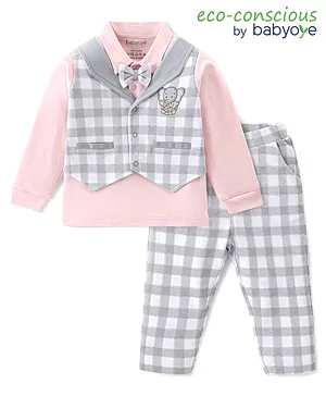 Babyoye 100% Cotton Full Sleeves with Eco Jiva Finish T-Shirt with Attached Waistcoat & Bow & Trousers Checks Print - Multicolor