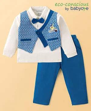 Babyoye 100% Cotton Full Sleeves with Eco Jiva Finish Embroidered T-Shirt with Attached Waistcoat & Bow & Trousers - Blue