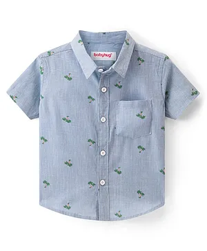 Babyhug 100% Cotton Woven Half Sleeves Regular Collar Striped Shirt Palm Tree Print - Blue