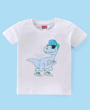 Babyhug Cotton Knit Half Sleeves Dino Print T-Shirt - White Melange