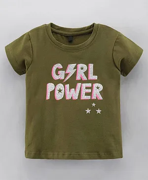 Enfance Core Half Sleeves Girl Power Glitter Text Printed Crop Tee - Olive Green