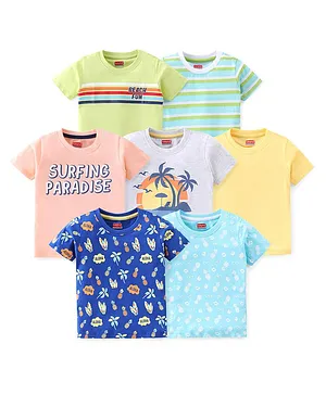 Babyhug 100% Cotton Knit Half Sleeves T-Shirt Stripes & Surf Board Graphics Print Pack Of 7 - Multicolor