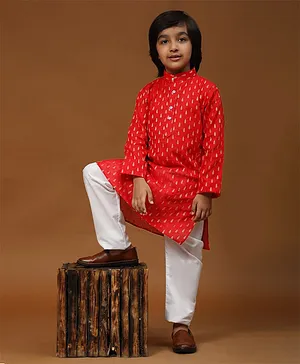 P-MARK Full Sleeves Ethnic Motif Foil Designed Kurta Pyjama Set - Red