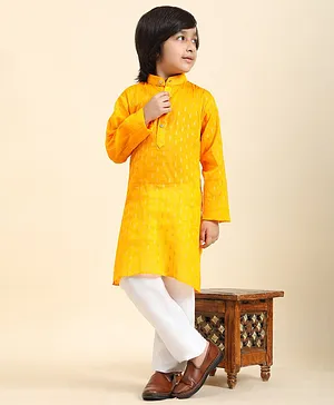 P-MARK Full Sleeves Ethnic Motif Foil Designed Kurta Pyjama Set - Yellow
