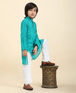 P-MARK Full Sleeves Ethnic Motif Foil Designed Kurta Pyjama Set - Firozi Blue
