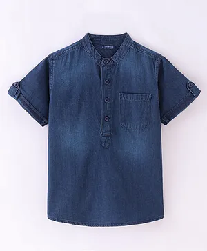 Pine Kids  Woven Half Sleeves Washed  Denim Shirt - Dark Blue