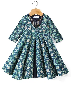 Babyoye Eco Conscious 100% Cotton Woven Ethnic Dress with Full Sleeves  Printed Jacket - Navy Blue