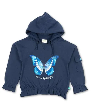 JusCubs Full Sleeves Butterfly & Text Printed Hooded Style Sweatshirt - Navy Blue