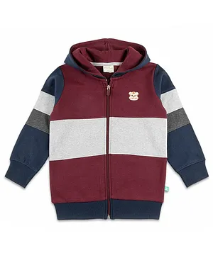 JusCubs Full Sleeves Tiger Embroidered Rugby Striped Hoodie  - Navy Blue & Maroon