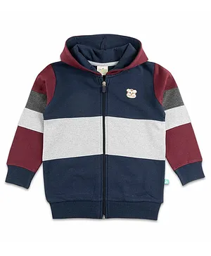 JusCubs Full Sleeves Tiger Embroidered Rugby Striped Hoodie  - Maroon & Navy Blue