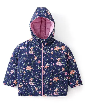 Babyhug Woven Full Sleeves Reversible Hooded Jacket Floral Print - Pink & Navy Blue